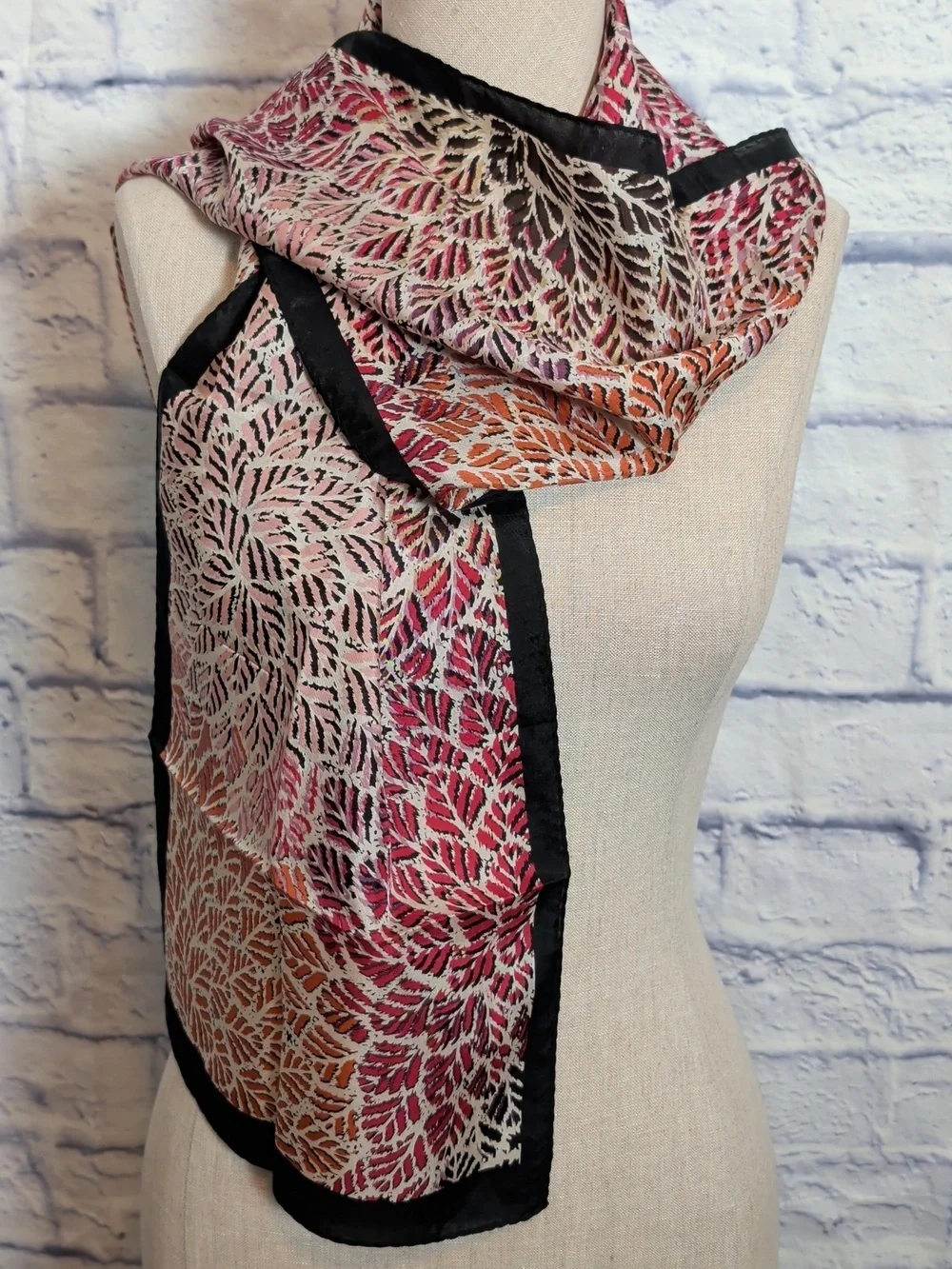 Nicole Miller Pink Orange Leaf Motif Narrow Scarf